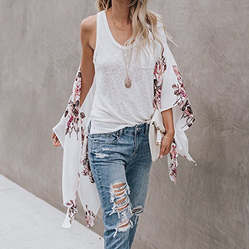 HTDBKDBK Kimono Cardigan for Women Summer Casual Chiffon Shawl Print Kimono Cardigan Top Cover Up Blouse Beachwear White