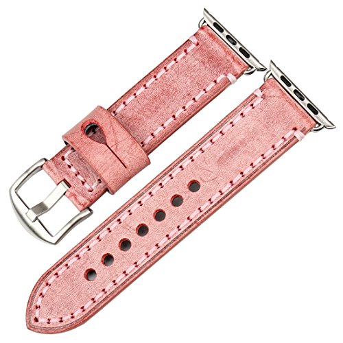 MAIKES Special Bridle Leather Apple Watch Strap for iWatch Apple Watch Band 42mm 38mm Series 3 2 1 Watchband (for Apple Watch 42mm, Red+Silver Buckle)