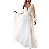 Caodip Womens Long Sleeve Wedding Dresses for Bride Chiffon A Line Sexy V Neck Simple Bridal Party Dress