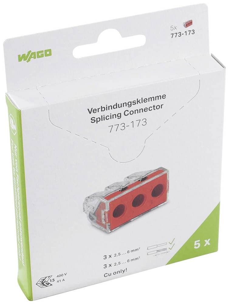 WAGO PUSH WIRE® connector for junction boxes; 2.5-6mm²; 41 Amp; Transparent, Red 773-173/995-005 (Pack of 5)