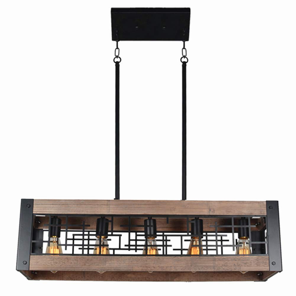 Baiwaiz Industrial Farmhouse Dining Light Fixture, Metal and Wood Kitchen Island Lighting Rustic Rectangle Chandelier 5 Lights Edison E26 081