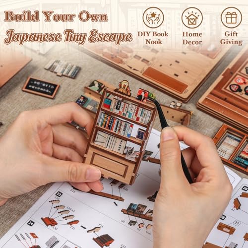 CUTEBEE Book Nook Kit – Casa de Muñecas para Adultos, Tienda de Estilo Japonés Delicada, Casa en Miniatura DIY con Luz LED, Decoración para Estantería, Regalo (Antique bookery of Kyoto)
