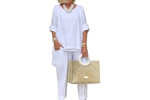 BIVENANT Women Linen 2 Piece Pants Suit for Women Dressy Cotton Linen Sets Outfits Long Sleeve Shirts Wide Leg Trousers