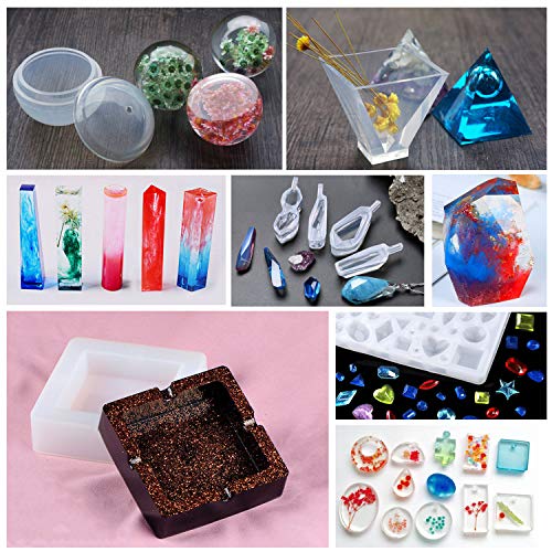 Handshop 15 Pcs (65 Shapes) Silicone Resin Molds and 118 Tools for Epoxy Resin, UV Resin, Making Including Pendant, Jewelry, Ashtray, Earring, Cube, Pyramid, Sphere Molds, Perfect for DIY Craft