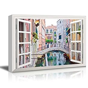 Window Peering into a River with Colorful Buildings