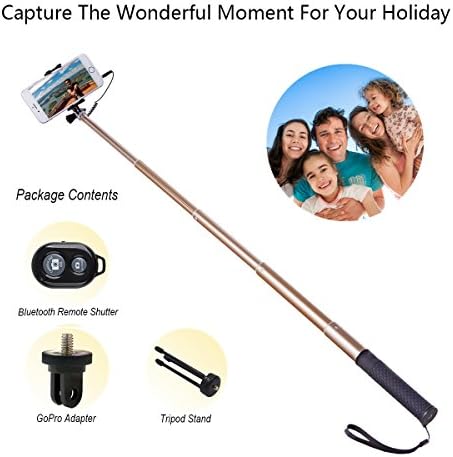 ZIZON Wired Selfie Stick,Extendable Aluminum Monopod with Tripod Stand, Built-in Shutter Button &amp; GoPro Adapter, Foldable Mount Clamp for iPhone/Android Smartphones and Action Camera(Gold)