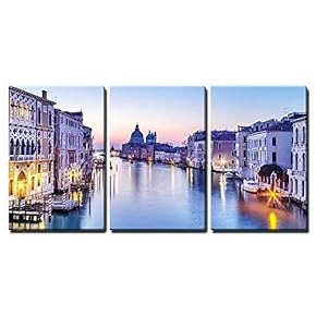 3 Piece Canvas Wall Art - Dusk in Venice, Italy - Modern Home Art Stretched and Framed Ready to Hang - 16"x24"x3 Panels