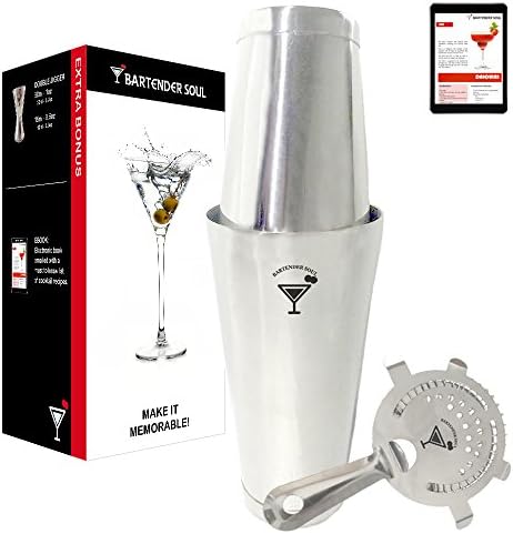 Professional Boston Shaker with Hawthorne Strainer - Limited Edition by BARTENDER SOUL - 18 &amp; 28oz Double Flair Weighted Set - Precision Design 18/8 304 Real Quality Steel of 0.7mm Thickness