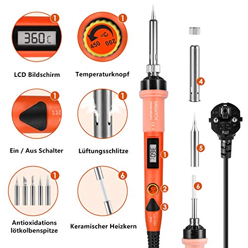 Lötkolben Set, SREMTCH 80W Lötkolben mit LCD Bildschirm(200 ° C - 450 ° C) 20in1 Lötset mit EIN/AUS-Schalter und Einstellbarer Temperaturknopf, Pro Schnell erhitzendes keramisches Thermostat Design – Bild 7