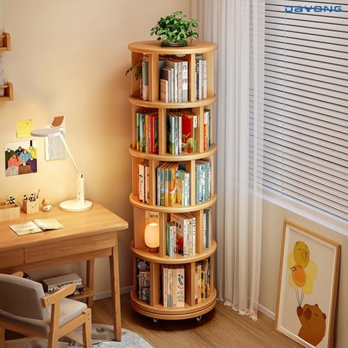 DAYONG 5-Tier Rotating Bookshelf, Large Capacity Solid Wood Bookcase with Wheels, Space-Saving Book Shelf Storage Display Rack Floor Standing Shelves for Small Space, Corner, Office (Natural)