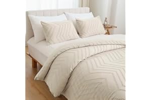 YIRDDEO Beige Queen Size Comforter Set 3Pcs Boho Chevron Tufted Cream Comforter Set Farmhouse Lightweight Neutral Bedding Sets (1 Comforter, 2 Pillowcases)