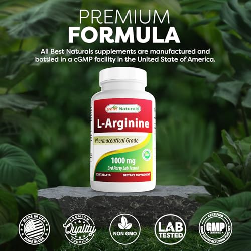 (New Improved Formula) Best Naturals L-Arginine 1000 mg 120 Tablets - Pharmaceutical Grade L Arginine Supplement Promotes Nitric Oxide Synthesis