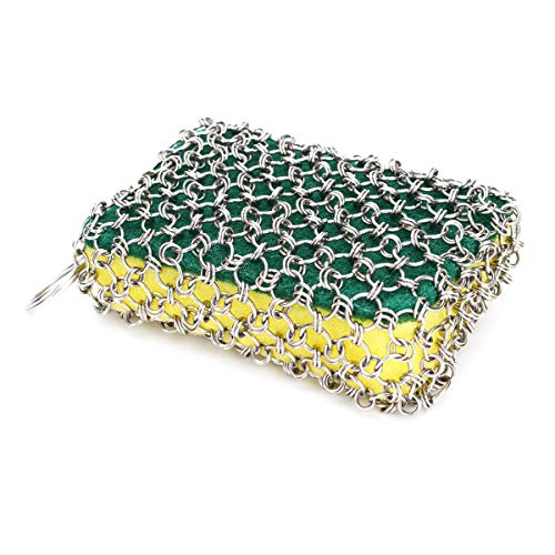 NKTM Stainless Steel Cast Iron Cleaner Chainmail Scrubber with 3pcs Sponges for Cast Iron Pan Skillet Dutch Ovens Waffle Iron Pans Scraper Cast Iron Grill Scraper
