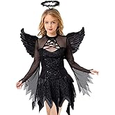 Doxrmuru Girls Fallen Angel Dress for Halloween Costume with Black Wings