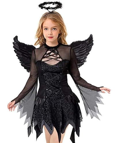 Doxrmuru Girls Fallen Angel Dress for Halloween Costume with Black