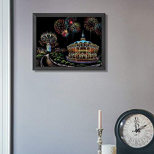 Ageqi Scratch Art Paper Rainbow Painting Sketch Pad for Adult and Kids, DIY Night View Scratchboard - 16'' x 11.2'' with 3 Tools (Amusement Park) - Thumbnail 3