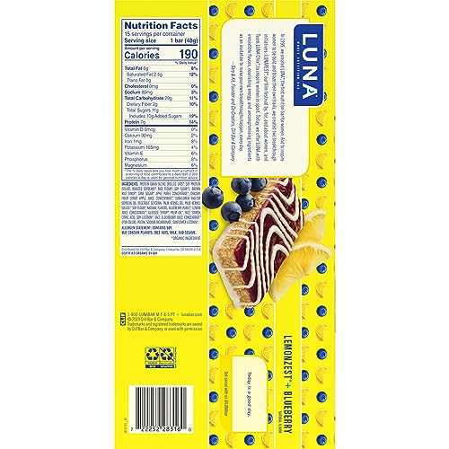 LUNA BAR – MASH-UPS LEMONZEST + BLUEBERRY FLAVOR – GLUTEN FREE SNACK BARS – NON-GMO – PROTEIN BARS – MADE WITH ORGANIC OATS (15 PACK)