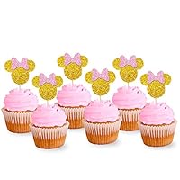 Pack of 24 Pink And Gold Glitter Minnie Inspired Cupcake Toppers Girls Birthday Party Decorations