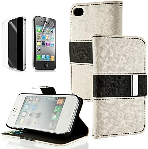 iPhone 4 case, iPhone 4S case, Moreyoulike Wallet PU Leather Case stand magnetic closure with Credit ID Card slot Holder Cover Pouch with free screen protector (Fine_Black+White)