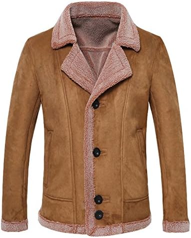 Men's Single-Breasted Peacoat Sherpa Lining Shearling Collar Suede Jacket Brown 5XL