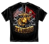 Marine Corps, USMC T-Shirt Double Flag Gold Globe Marine Corps Foil Stamp X-Large Black