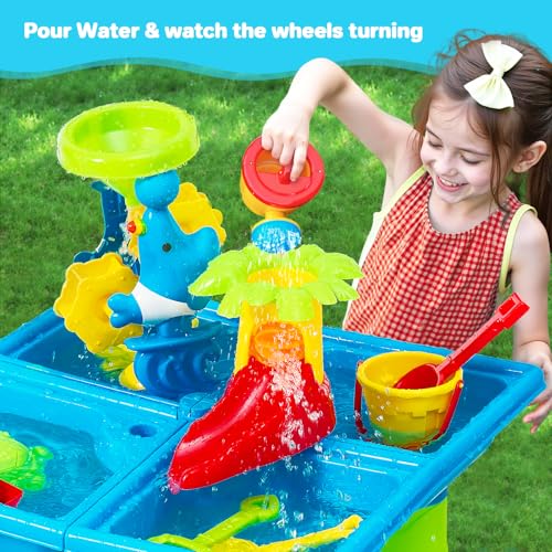 Warmiehomy Sand and Water Table for Toddlers 3-5, Kids Outdoor Play Table with Stool, 4 in 1 Activity Sensory Tables, Accessories Summer Backyard Outdoor Beach Toy for Boys Girls Age 3 4 5