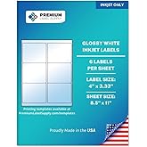 Premium Label Supply Glossy White Sticker Labels – 4" x 3.33" – (6 per Sheet) (Glossy White for Inkjet Only, 60 Labels)