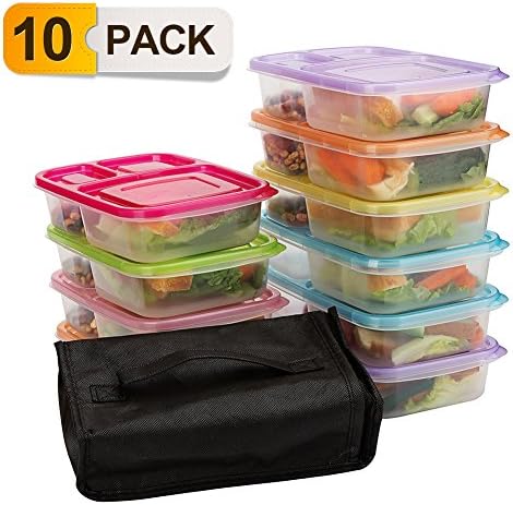 Meal Prep Containers,10 pack Lunch Boxes,Food Storage with lids,BPA Free Bento Lunch box Set with 3 Seperated Compartments,Leak Proof,Resuable,Stackable,Microwaveable,Freezer and Dishwasher Safe