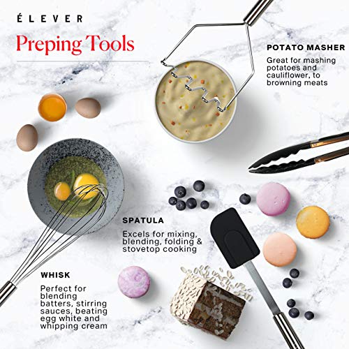 Kitchen Utensil Set - 11 Kitchen Gadgets & Cooking Utensils. Stainless Steel Kitchen Utensils for Nonstick Cookware. Spatula Set, kitchen tongs, potato masher set, Apartment Essentials Gifts - ÉLEVER