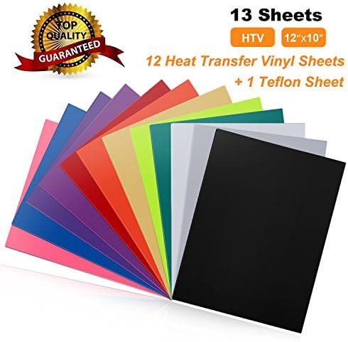 Heat Transfer Vinyl Bundle Iron on Vinyl Sheet Assorted Colors Transfers for T-Shirts -12"x 10" 13 PCS included Teflon Sheet - Heat Press Vinyl for Cricut, Silhouette Cameo Vinyl Cutters and Heat Pres