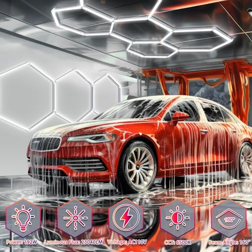 Hexagon LED Garage Lights:192W 5 Grids DIY led Honeycomb Ceiling Light,6500K Ultra Bright,2.4x1.7m,Easy Install, Durable Design for Garages,Car Detailing,Workshops,Exhibition Hall,Gym,Shopping malls
