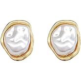 Big Pearl Stud Earrings for Women Chunky Gold Pearl Earrings lrregular pearl Statement Earring for Women Brides Wedding Jewelry