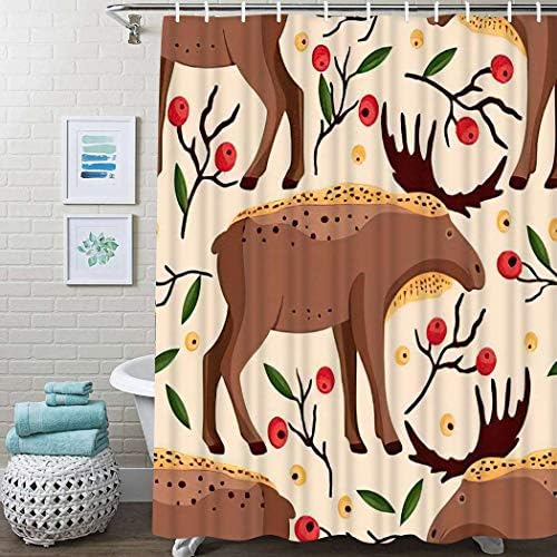 Guftay Christmas Woodlands Bathe Curtain, Cute Cartoon Forest Moose Animal Artwork Brown Elk in Type Bathe Curtain, Waterproof Material for Toilet Decor Bathe Curtains Set with Hooks, 72″ X 78″