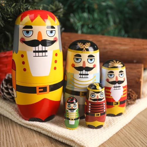 MCPINKY 5PCS Nutcracker Nesting Dolls, Christmas Wooden Nesting Dolls Handmade Stacking Toy Matryoshka Russian Dolls for Christmas Stocking Stuffer Gift Home Decoration