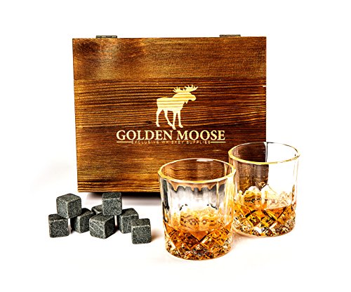 Whiskey Stones Gift Set – 2 Whiskey Glasses (220ml), 8 Exclusive Whiskey Rocks & Velvet Bag + Tongs in a Elegant Wooden Gift Box – By Golden Moose