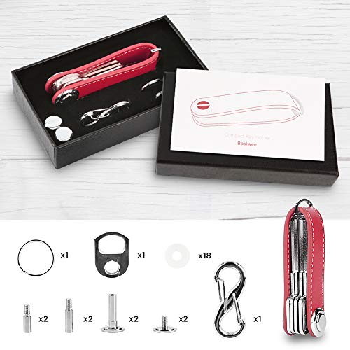 Bosiwee Smart Key Organizer, Compact Key Holder Leather Keychain, Folding Pocket Key Holder Chain (up to 16 Keys), Red