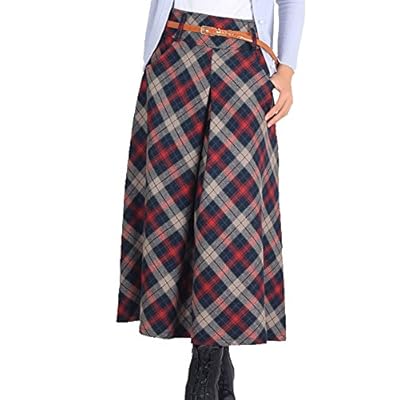 LISASTOR Women Warm Pleated Plaid Flare Skirt A Line High Waist Wool Skirt With Pockets