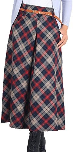 LISASTOR Women Warm Pleated Plaid Flare Skirt A Line High Waist Wool Skirt With Pockets