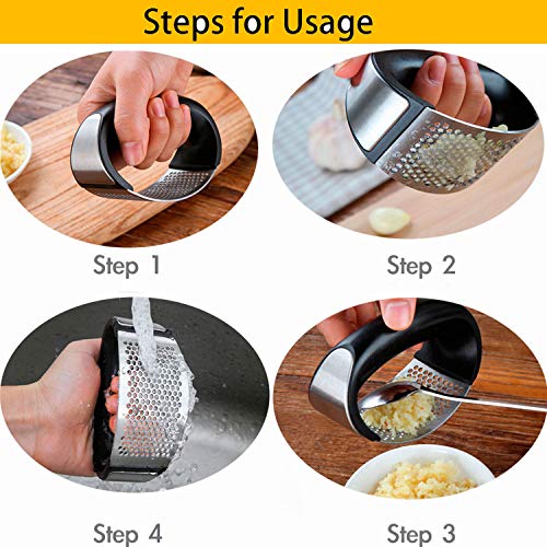 Convallaria Garlic Press + Silicone Garlic Peeler + Cleaning Brush, Stainless Steel Garlic Crusher Chopper Mincer Press Kitchen Gadget Tool with ABS Handle - Kitchen Gadgets Accessories