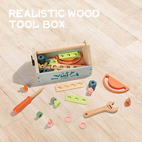 ROBUD Kids Toddlers Wooden Tool Box Set, TakeAlong Toy Tool Kit Gift