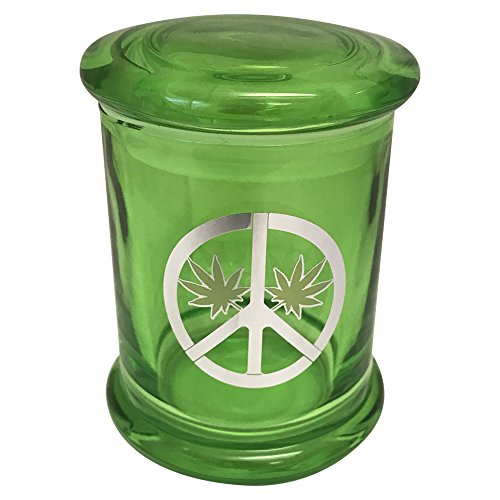 Stash Jar Marijuana Pot Leaf Glass Peace Sign 420 Airtight Pop Top Smellproof Green