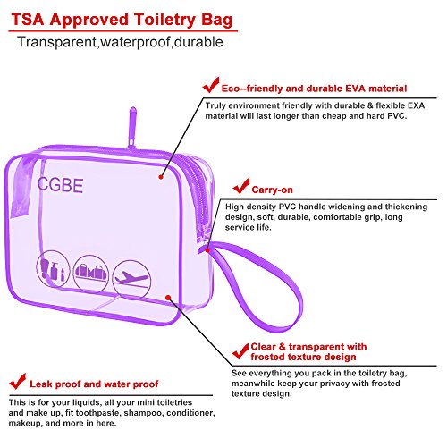 TSA-Approved Clear Travel Toiletry Bag, CGBE Airline Kit 3-1-1 Liquids Toiletries & Cosmetics Packing Organizer Carry-On Luggage Pouch with handle for Women and Men (3 Pack Purple ) - Thumbnail 3
