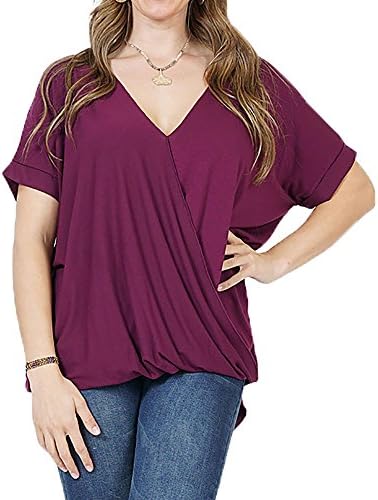 Rotita Women V Neck Batwing Sleeve Wrap Plus Size High Low Hem T-Shirt Blouse Top