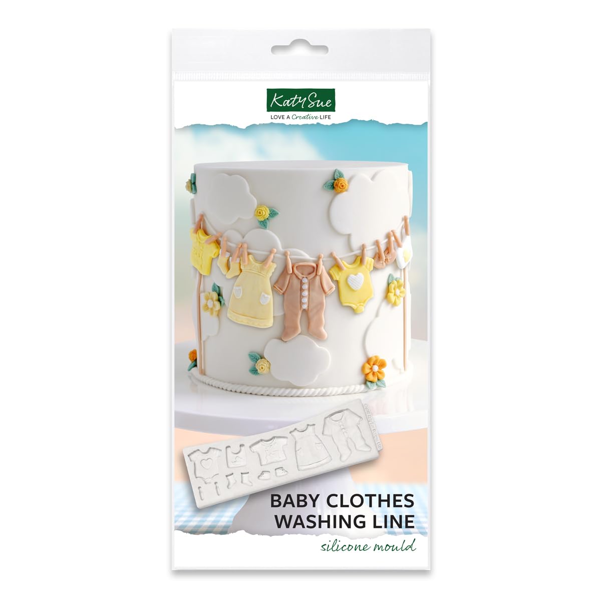 Katy Sue Baby Clothes Washing Line Silicone Mould for Cake Decorating & Craft for Fondant, Sugar Paste, Gum Paste & Air Dry Clay from Katy Sue Designs Fondant Moulds. Mould is 163 x 55 millimetres