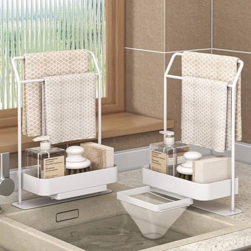 OEOEKHDJ MULTIFUNCTIONAL SPONGE HOLDER WITH STRAINER BASKET FOR KITCHEN SINK, KITCHEN TOWEL RACK SINK FILTER NET ORGANIZER FOR SPONGE BRUSH SOAP DISHCLOTH CLOTH RACK WITH 100 SINK STRAINER (WHITE)