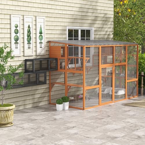 PawHut Catio Outdoor Cat Enclosure, 118" L Large Wooden Outdoor Cat House w/ 2 Condos, 7 Platforms, 2 Scratching Posts, Waterproof Roof, Walk-in Kitty Cage for 1–5 Kittens, Orange