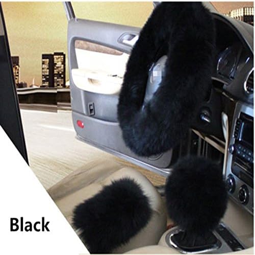 Long Furry Steering Wheel Cover Shifter Cover and Parking Brake Cover 1Set(Black)