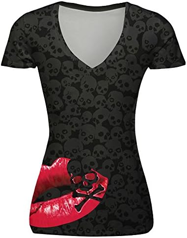 Wskshop Women's Fashion Red Lip Skull Flower Top Short Sleeve T-shirt Black (S-XL)