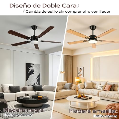 Ventilador de Techo con Luz 52"/132CM, Abanicos de Techo con Control Remoto, Doble Cara de Aspas, Motor DC Reversible, 6 Velocidades, 3CCT, Brillo Ajustable, Ideal para Sala Dormitorio Cocina Office