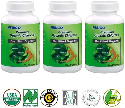 FEBICO Organic Chlorella Powder 100g. Broken Cell Wall. Set of 3.